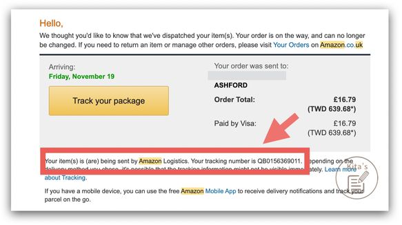【購物實測】Amazon UK 透過英國集運轉寄至台灣教學-收到出貨通知E-mail