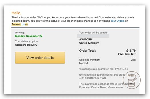 【購物實測】Amazon UK 透過英國集運轉寄至台灣教學-收到訂單確認 E-mail