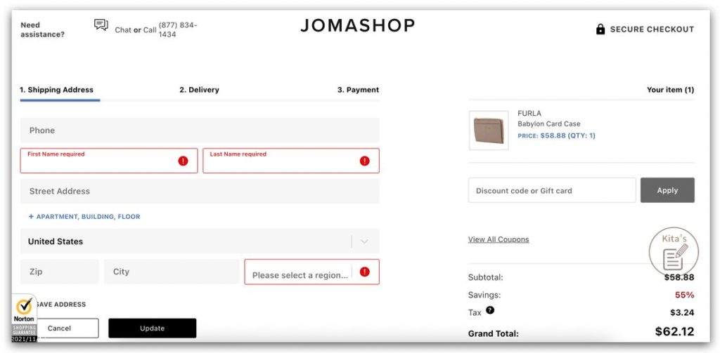 【美國Jomashop購物實測評價】_結帳畫面輸入美國收件地址