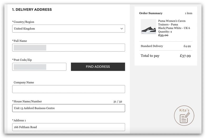 【購物實測】英國AllSole購買Puma鞋 - 填寫收件地址