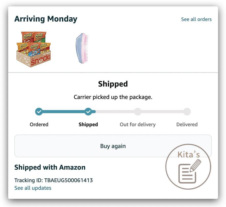 在美國Amazon 訂購 Hot Cheetos 綜合零食箱、Tangle Teezer 梳子之後，在亞馬遜會員系統可查看物流配送狀況