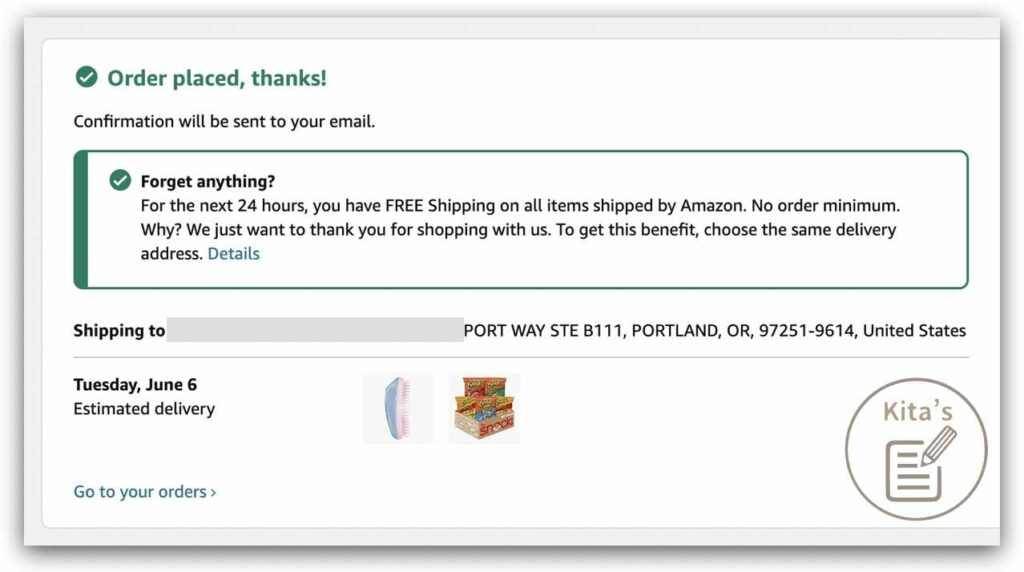 在美國Amazon 訂購 Hot Cheetos 綜合零食箱、Tangle Teezer 梳子，付款完成後顯示訂單成立